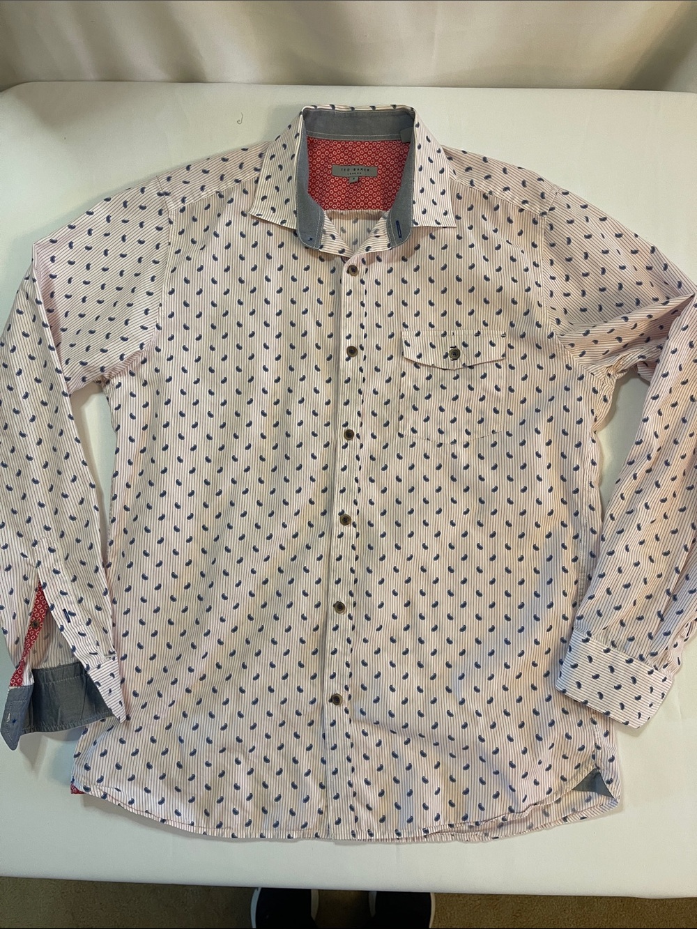 Ted Baker London Light Pink Button-Down Shirt with Blue Teardrop Paisley Motif